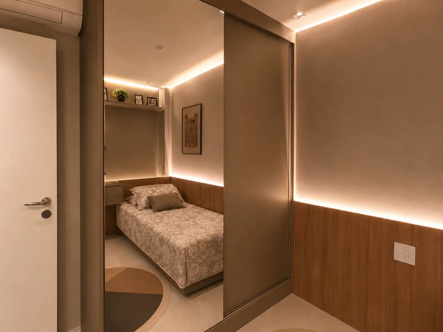 Armário planejado com porta espelhada — apartamento mobiliado pela Seventh Day