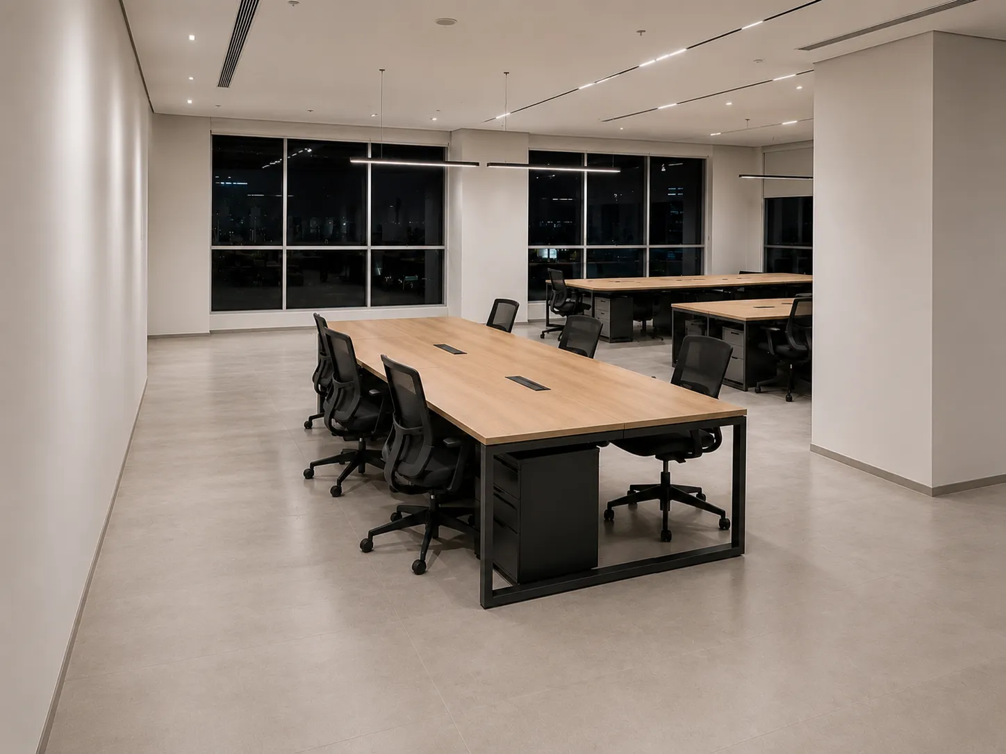 Escritório finalizado pela Seventh Day: sala de reunião, piso polido e iluminação
